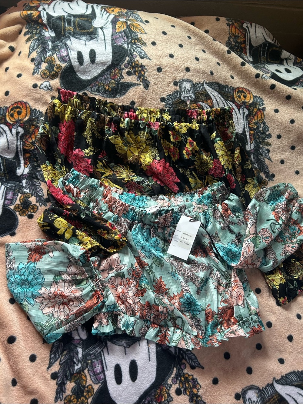 Two Unique Vintage Floral Off-Shoulder Crop Tops in Black & Mint for the price 1